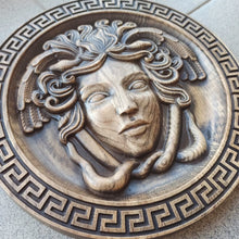 Load image into Gallery viewer, Gorgona Wood Wall Decor, Medusa Wood Art, Greek Art, Medusa Carvings, Medusa Gorgona, Greek altar, custom wall decor, greek gods
