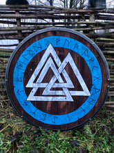 Load image into Gallery viewer, Valknut Battle Shield Viking Shield, Viking Shield, medieval shield, custom shield, norse shield, larp viking shield
