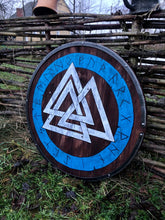 Load image into Gallery viewer, Valknut Battle Shield Viking Shield, Viking Shield, medieval shield, custom shield, norse shield, larp viking shield
