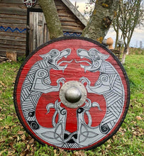 Load image into Gallery viewer, Fenrir Wolf Shield, Geri and Freki wolf, medieval shield, custom shield, norse shield, larp viking shield, viking decor, battle shield
