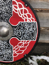 Load image into Gallery viewer, Medieval viking shield, norse mythology, round larp shield, medieval decor, skyrim armor, custom shield
