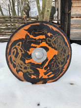 Load image into Gallery viewer, Fenrir Wolf Viking Shield, medieval shield, custom shield, norse shield, larp viking shield, viking decor, battle shield, sca shield
