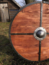 Load image into Gallery viewer, Wooden round shield, viking gift, medieval decor, gift for him, medieval armor, norse pagan
