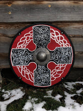 Load image into Gallery viewer, Medieval viking shield, norse mythology, round larp shield, medieval decor, skyrim armor, custom shield
