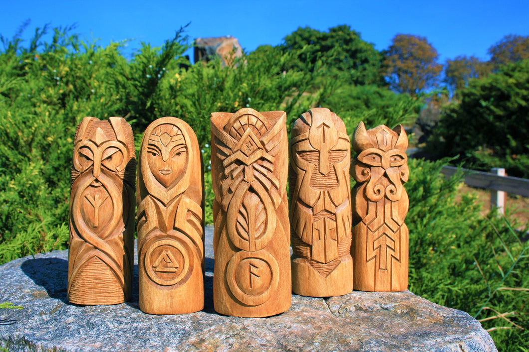 Set of viking statues, odin thor frigg statue, scandinavian gods, altar set, wood carving figurine, norse pagan