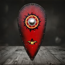 Load image into Gallery viewer, Medieval viking shield, knight shield, medieval decor, role play shield, knight accessory, wooden shield
