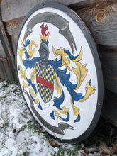 Load image into Gallery viewer, Personalized Family Crest, coat of arms. Family shield, custom family shield, viking themed wedding gift, medieval shield, hylian shield
