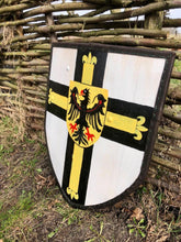 Load image into Gallery viewer, Teutonic order Shield, custom heater shield, medieval shield, medieval knight shield, weapon Battle shield, custom shield, larp
