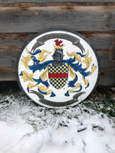 Load image into Gallery viewer, Personalized Family Crest, coat of arms. Family shield, custom family shield, viking themed wedding gift, medieval shield, hylian shield
