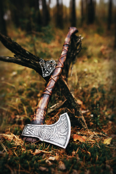 medieval weapons Viking axes Battle axe God_of_war Kratos Cosplay commission axe carving custom norse axe